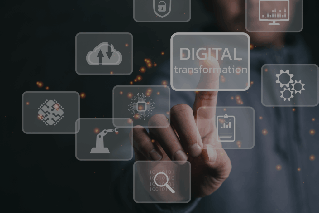 Persona interactuando con una pantalla digital que muestra el concepto de transformación digital, representando el uso de certificados digitales.